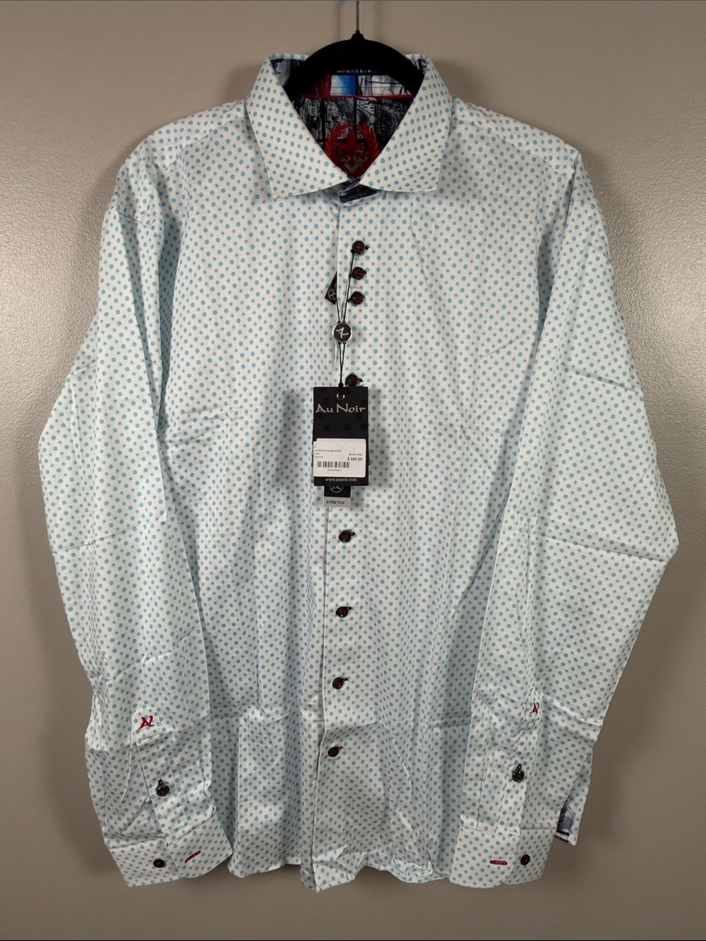 Au Noir Men's White Long Sleeve Dress Shirt with Light Blue Pattern - Picture 3 of 9